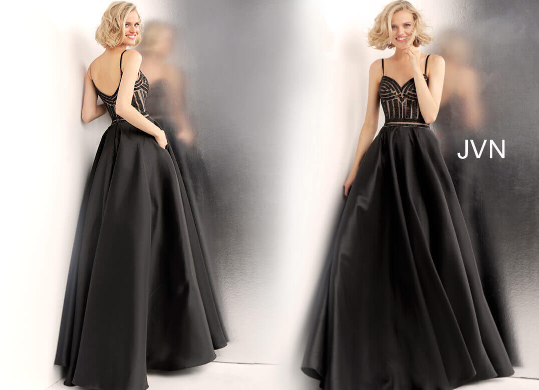 JVN62510 Black and nude beaded prom ballgown with embellished sleeveless fitted bodice, sweetheart neckline and spaghetti straps, floor length pleated a-line skirt with side pockets.
