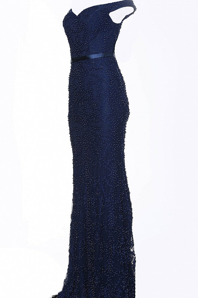 JVN by Jovani 66695 off the shoulder pearl embellished fitted eyelash lace prom dress evening gown bridesmaid dress mother of the bride or groom gown