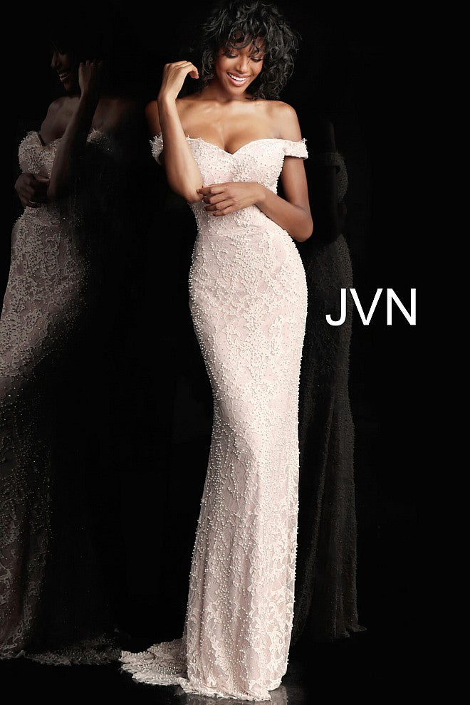 Jovani JVN66695 Size 10 Blush Lace Pearls Embellished Prom Dress