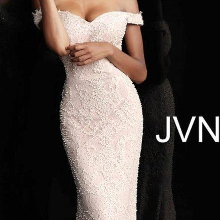 JVN by Jovani 66695 off the shoulder pearl embellished fitted eyelash lace prom dress evening gown bridesmaid dress mother of the bride or groom gown