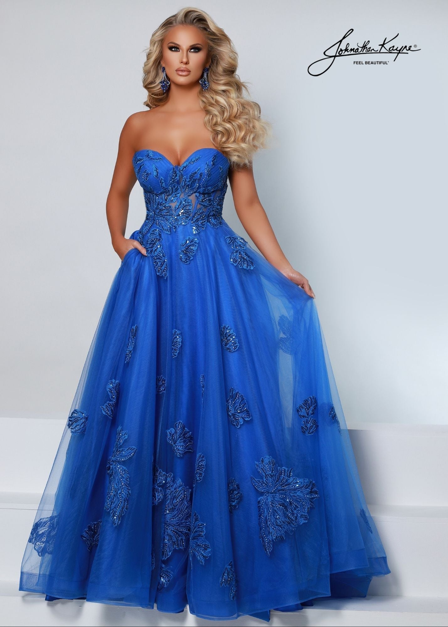 Johnathan Kayne 2518 Long A Line Sequin Lace Sheer Corset Formal Dress Prom Pageant Pockets Sizes: 00, 0, 2, 4, 6, 8, 10, 12, 14, 16 Colors: Barbie Pink, Royal