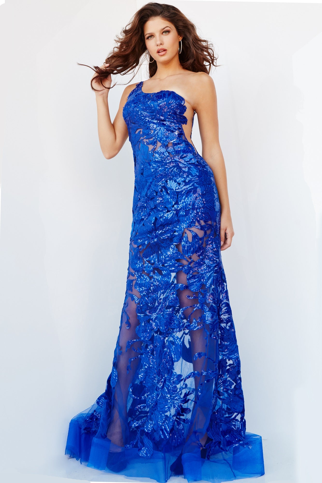 Jovani 02895 Size 8 Long Fitted One Shoulder Sheer Sequin Lace Prom Dress Pageant Gown Jovani 02895 Size 8 Long Fitted One Shoulder Sheer Sequin Lace Prom Dress Pageant Gown