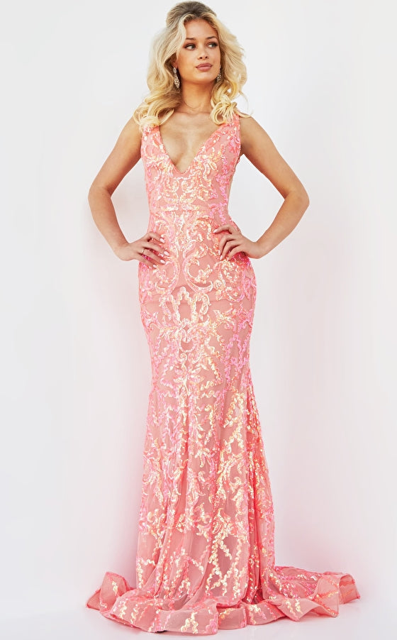 Jovani 22811 Prom Dress. Iridescent patterned sequins, with a plunging V-neckline, an open V-back, and sheer illusion sides. It is a fit and flare evening gown, finished with a horsehair hem and a court train. Iridescent Coral