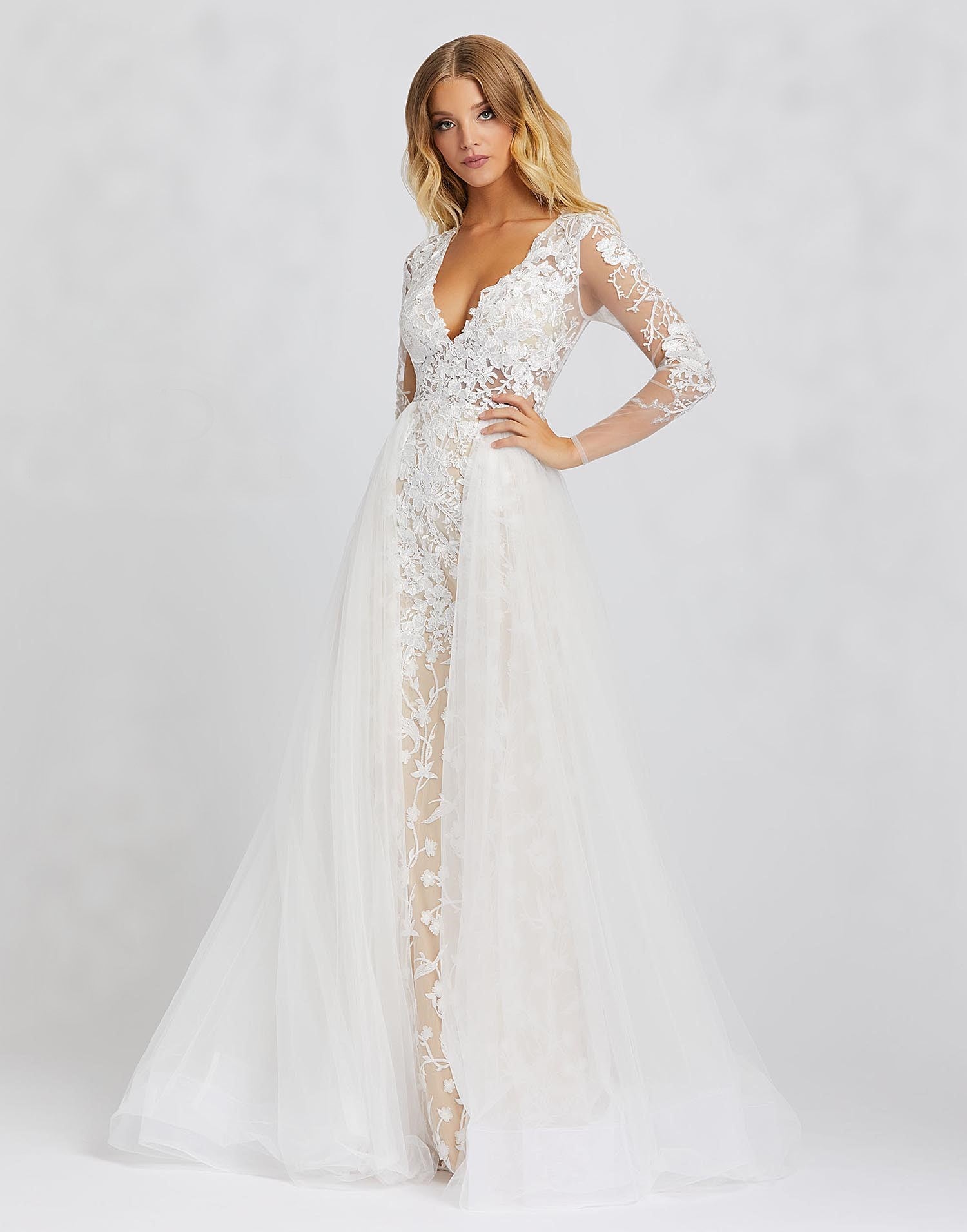 Mac Duggal 26322M Lace Wedding Dress Size 10 Sheer Long Sleeve Overski –  Glass Slipper Formals