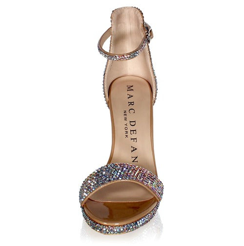 Marc Defang Molley Crystal Platform Pageant Heel Prom Shoes single strap DESCRIPTION 4" Block heels, 1/2" Platforms Nude base shoes AB crystals fully hand applied Single strap Quick hook-on & release buckle for easy changing Designed for stage and runway performance Medium Width, run true to size. Available Sizes: 6, 6.5, 7, 7.5, 8, 8.5, 9, 9.5, 10, 11 (Average 30 days before Arrival - custom made)