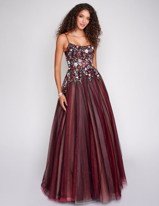 Nina Canacci 3206 Multi Colored Prom Dress Sequined Flower Top Tulle Ballgown Skirt Colors: Black Purple Multi, Black Red MultiElevate your evening with the Nina Canacci 3206 A Line Shimmer Lace Prom Dress. The tulle ball gown boasts a flattering A-line silhouette, scoop neck, and shimmer lace accents. Exude elegance and grace at your next formal event. Nina Canacci 3206 Multi Colored Prom Dress Sequined Flower Top Tulle Ballgown Skirt