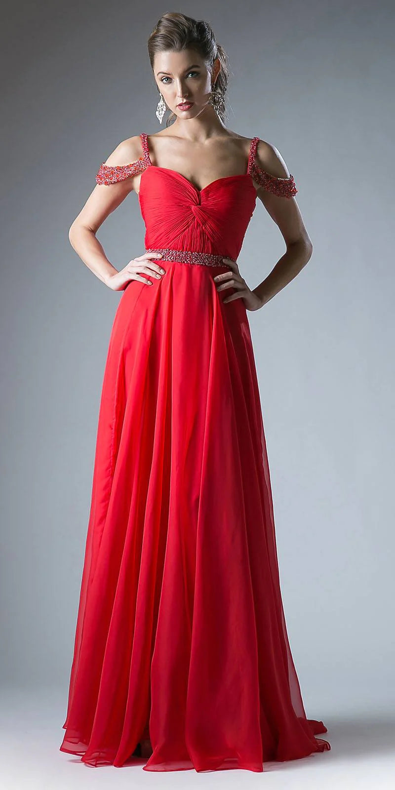 Ladivine P211 Size 4 Red Long A Line Chiffon off the shoulder Beaded Formal Prom Dress Evening Gown V Nek