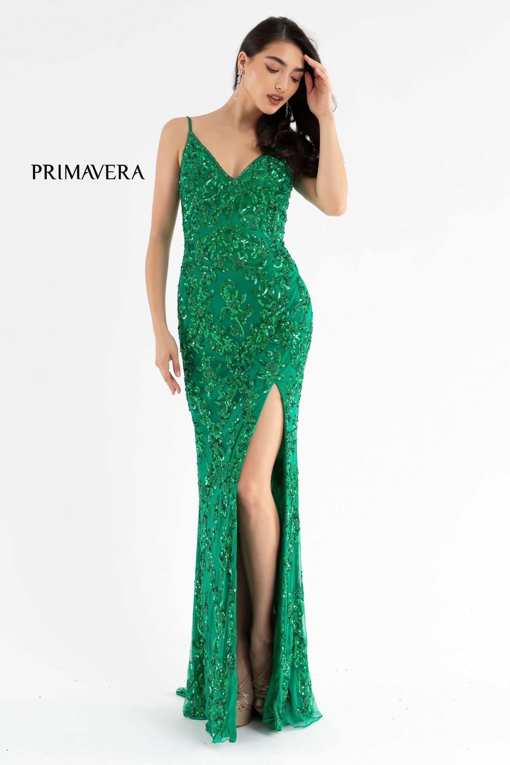 Primavera Couture 3754 Size 12 Emerald Prom Dress Sequins V Neckline Evening Gown Backless Slit Train Primavera Couture 3754 Size 12 Emerald Prom Dress Sequins V Neckline Evening Gown Backless Slit Train