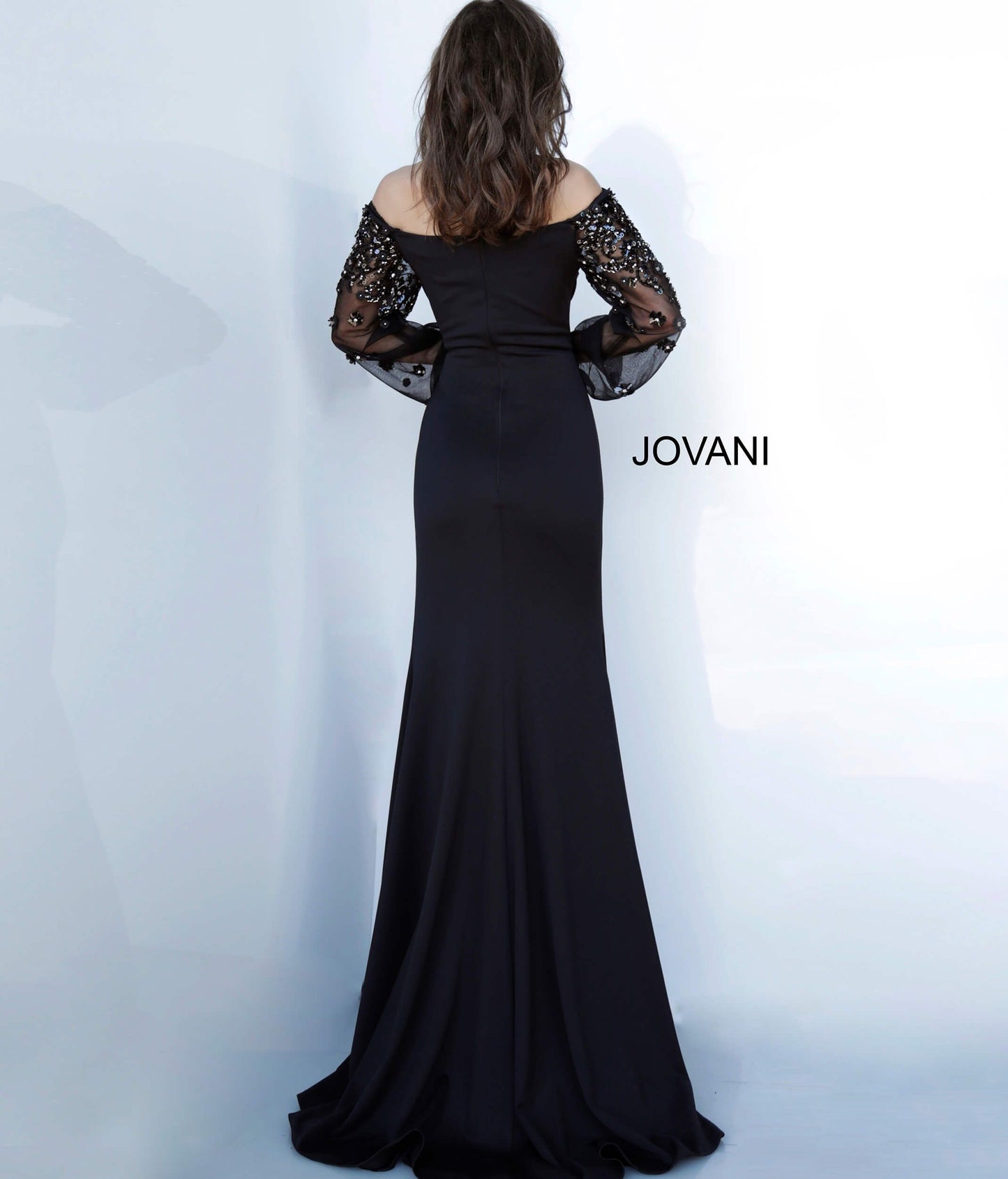 Jovani 1156 off the shoulder long embellished sleeves ruched waistline evening gown Available colors: Black Available sizes: 00-24