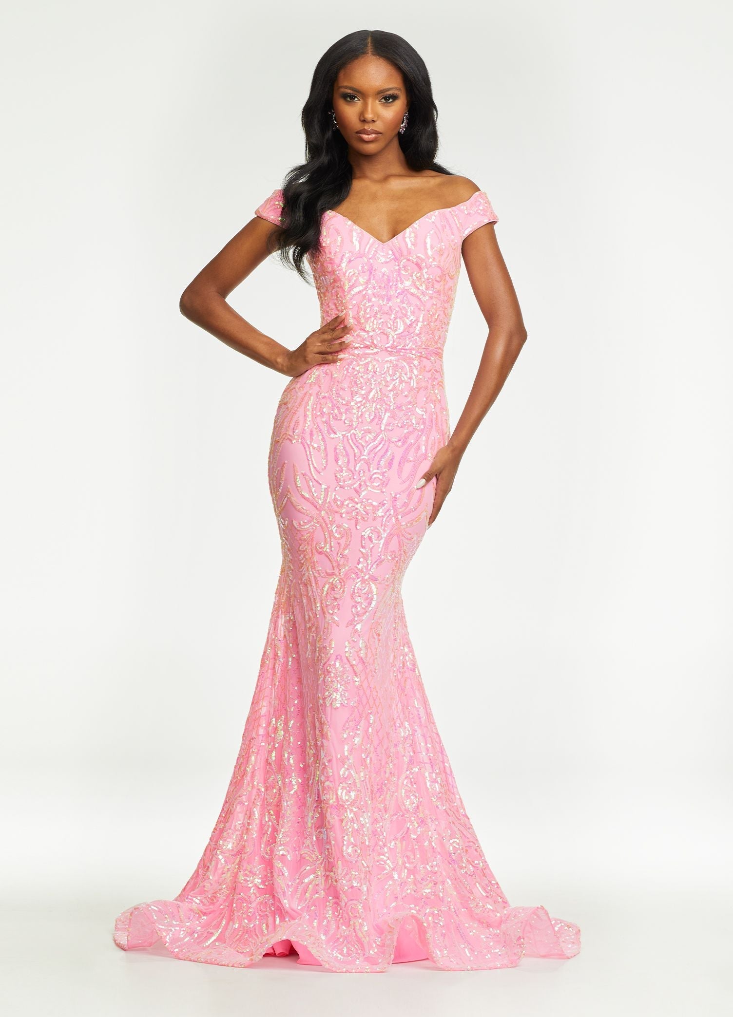 Ashley Lauren 11112 Size 2 Baby Pink Prom Dress Off The Shoulder Stretch Sequin Gown Ashley Lauren 11112 Size 2 Baby Pink Prom Dress Off The Shoulder Stretch Sequin Gown