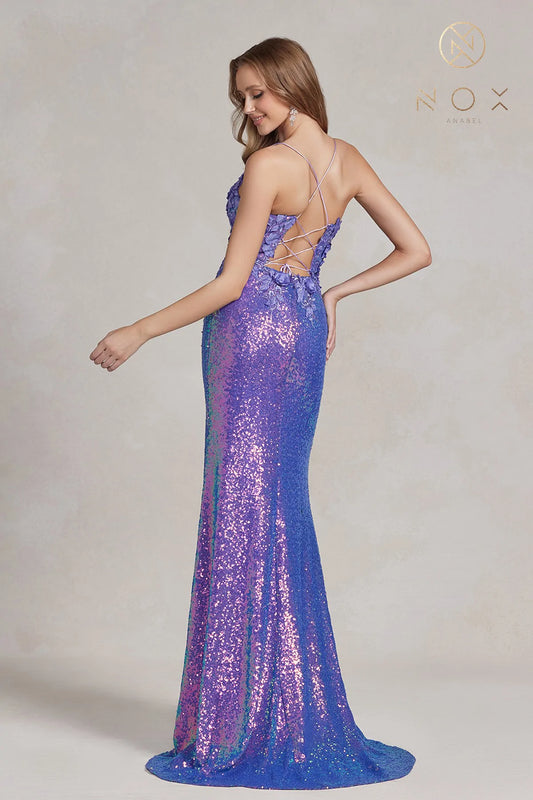 Nox Anabel R1207 Long Iridescent Floral Lace Sequin Prom Dress Slit Backless Corset Gown Sizes: 00-16 Colors: Black, Emerald, Light Purple, Turquoise