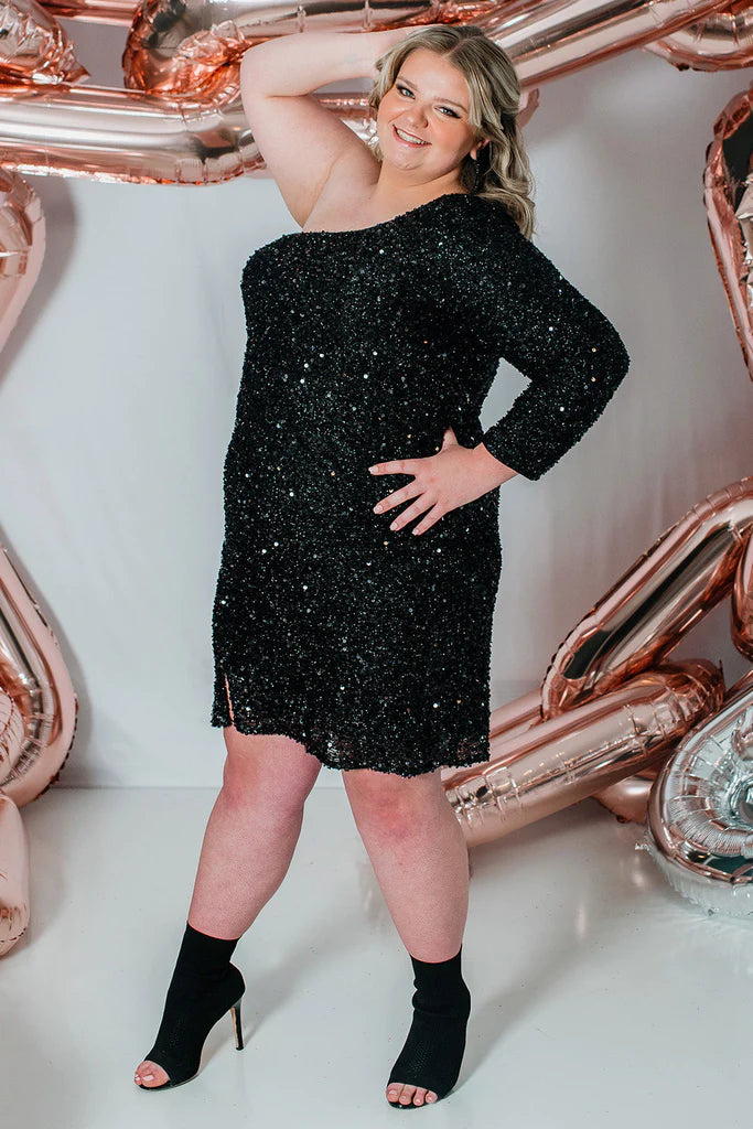 Sydneys Closet SC8112 Size 26 Onyx Plus Size Sequin One Shoulder Long Sleeve Cocktail Dress Formal Gown Sydneys Closet SC8112 Size 26 Onyx Plus Size Sequin One Shoulder Long Sleeve Cocktail Dress Formal Gown