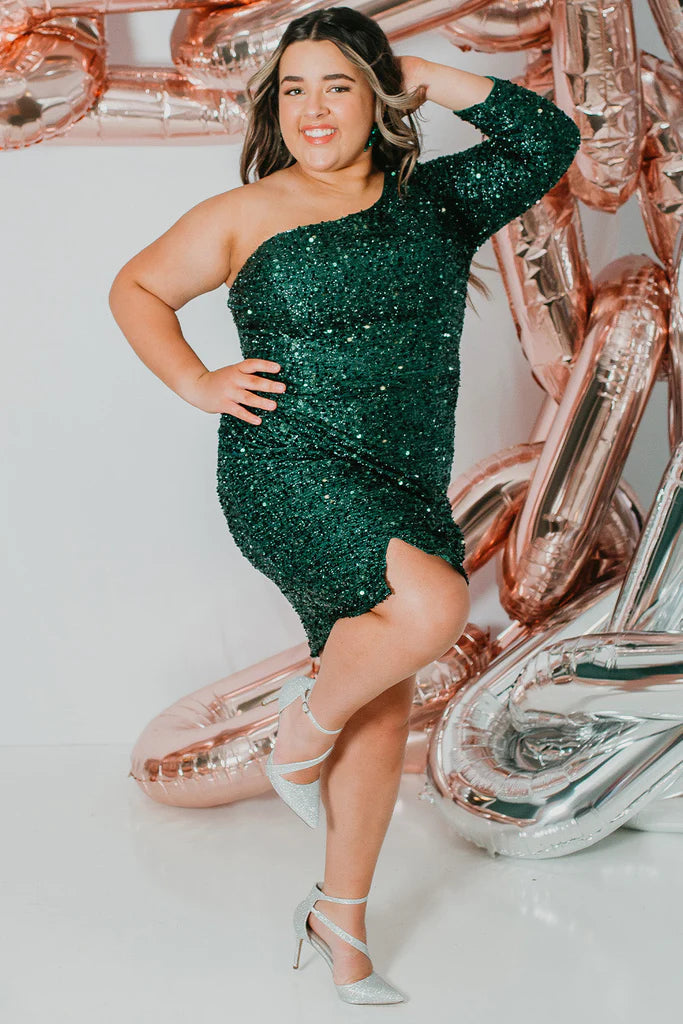 Sydneys Closet SC8112 Size 24 Hunter Sequin One Shoulder Long Sleeve Cocktail Dress Formal Gown Sydneys Closet SC8112 Size 24 Hunter Sequin One Shoulder Long Sleeve Cocktail Dress Formal Gown
