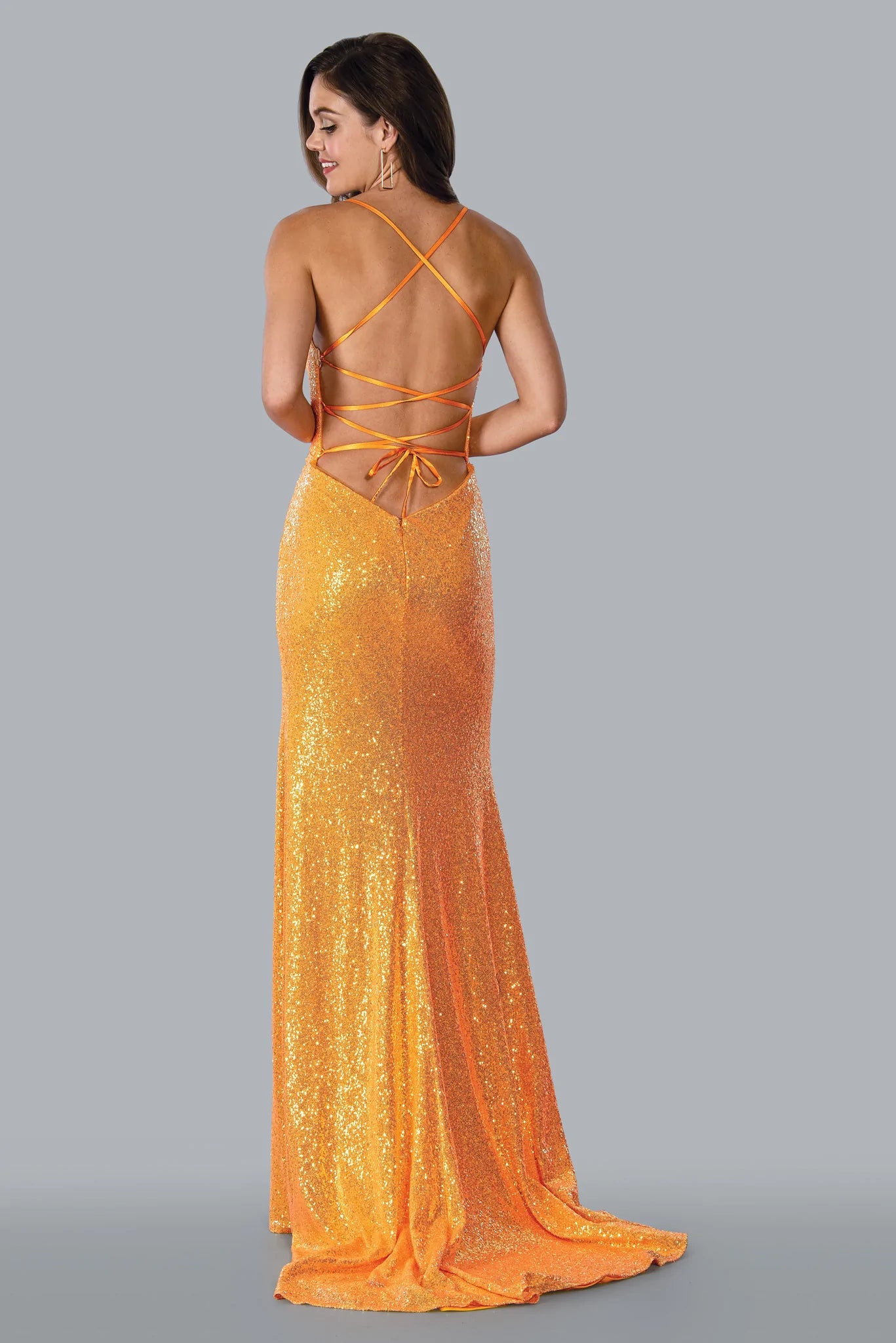 Stella Couture 23141 Size 4 Orange Long Fitted Sequin Backless Corset Glass Slipper Formals Stella Couture 23141 Size 4 Orange Long Fitted Sequin Backless Corset Glass Slipper Formals