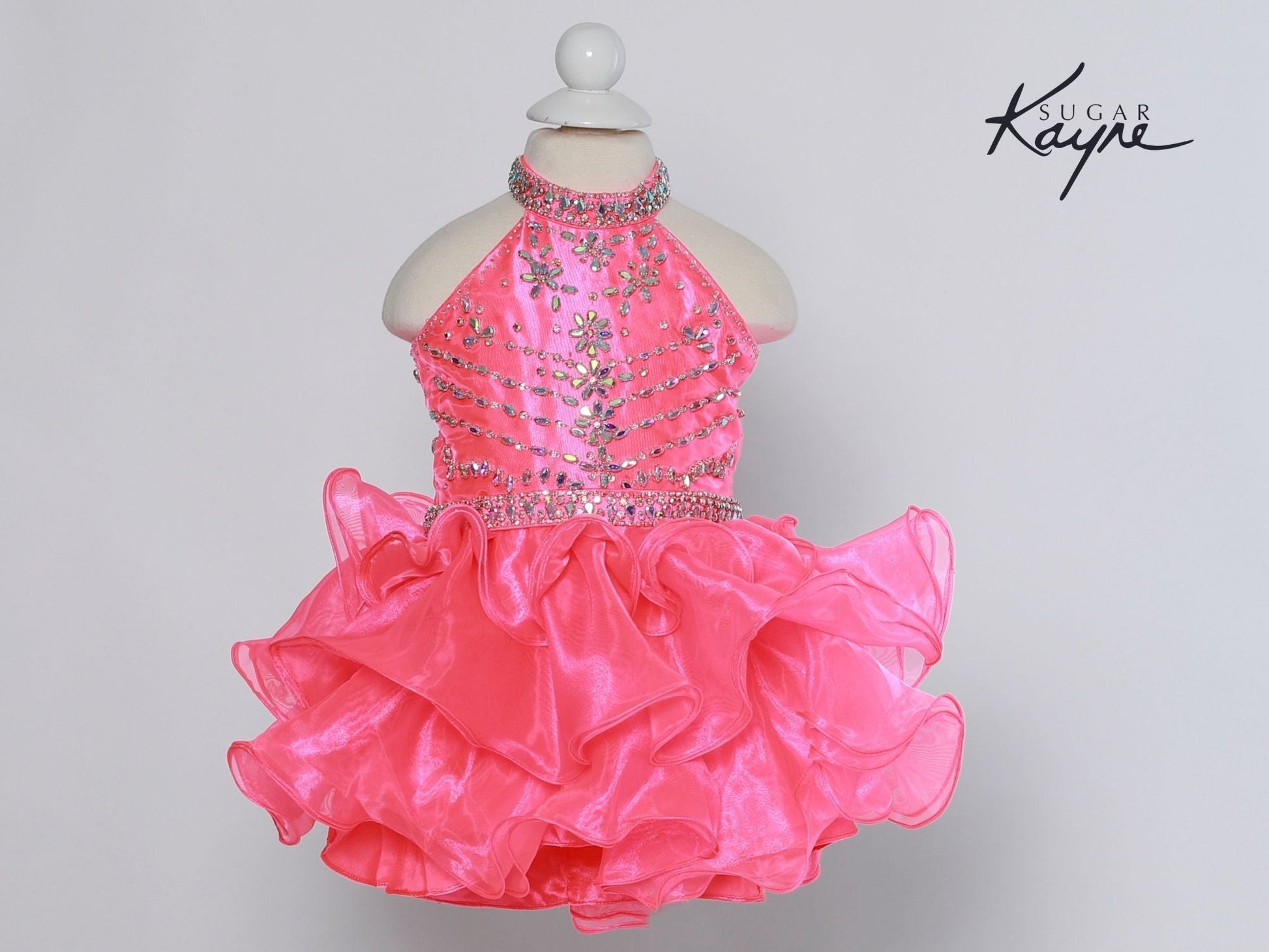 Sugar Kayne C200 Short Ruffle Girls High Neck Cupcake Corset Pageant Dress Rhinestone  Sizes: 0M, 6M, 12M, 18M, 24M, 2T, 3T, 4T, 5T, 6T  Colors: Aqua, Canary Yellow, Neon Pink