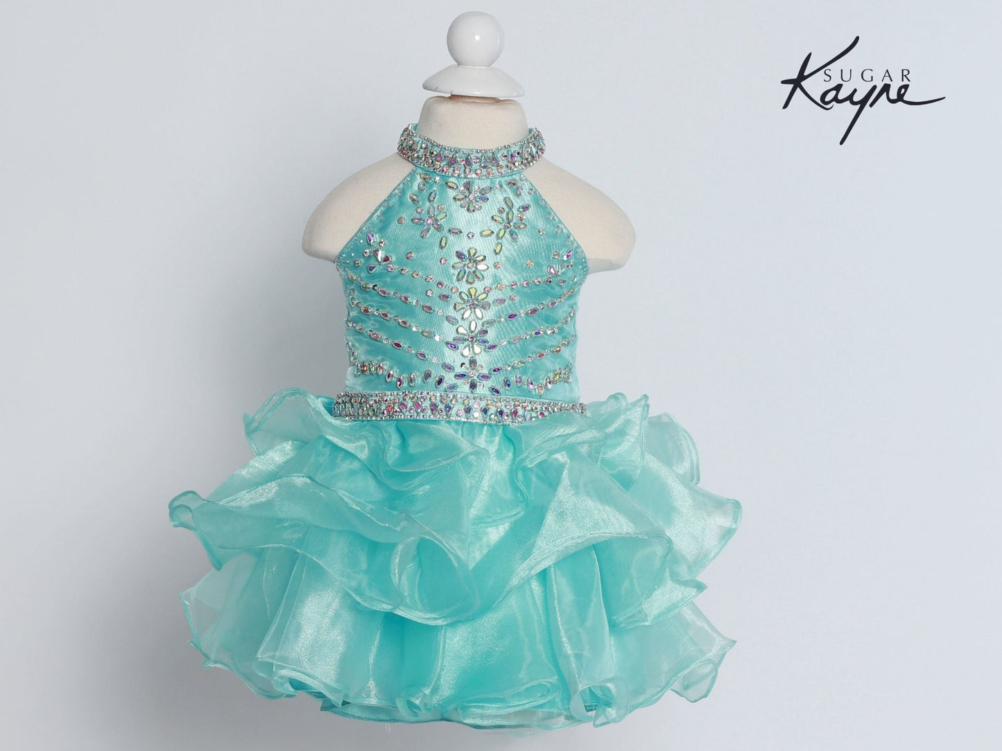 Sugar Kayne C200 Short Ruffle Girls High Neck Cupcake Corset Pageant Dress Rhinestone Sizes: 0M, 6M, 12M, 18M, 24M, 2T, 3T, 4T, 5T, 6T Colors: Aqua, Canary Yellow, Neon Pink