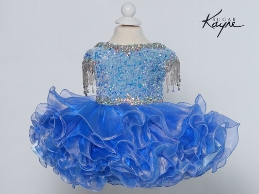 Sugar Kayne C203 Short Girls Cupcake Velvet Sequin Pageant Dress Crystal Fringe Tassel Cap Sleeve corset back Sizes: 0M, 6M, 12M, 18M, 24M, 2T, 3T, 4T, 5T, 6T Colors: Cotton Candy, Powder Blue, Unicorn