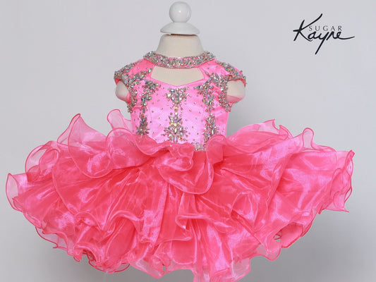 Sugar Kayne C207 Short Cupcake High Neckline Pageant Dress Girls Corset Ruffle Skirt Sizes: 0M, 6M, 12M, 18M, 24M, 2T, 3T, 4T, 5T, 6T Colors: Grape, Hot Coral, Electric Blue