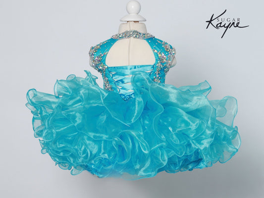 Sugar Kayne C207 Short Cupcake High Neckline Pageant Dress Girls Corset Ruffle Skirt Sizes: 0M, 6M, 12M, 18M, 24M, 2T, 3T, 4T, 5T, 6T Colors: Grape, Hot Coral, Electric Blue