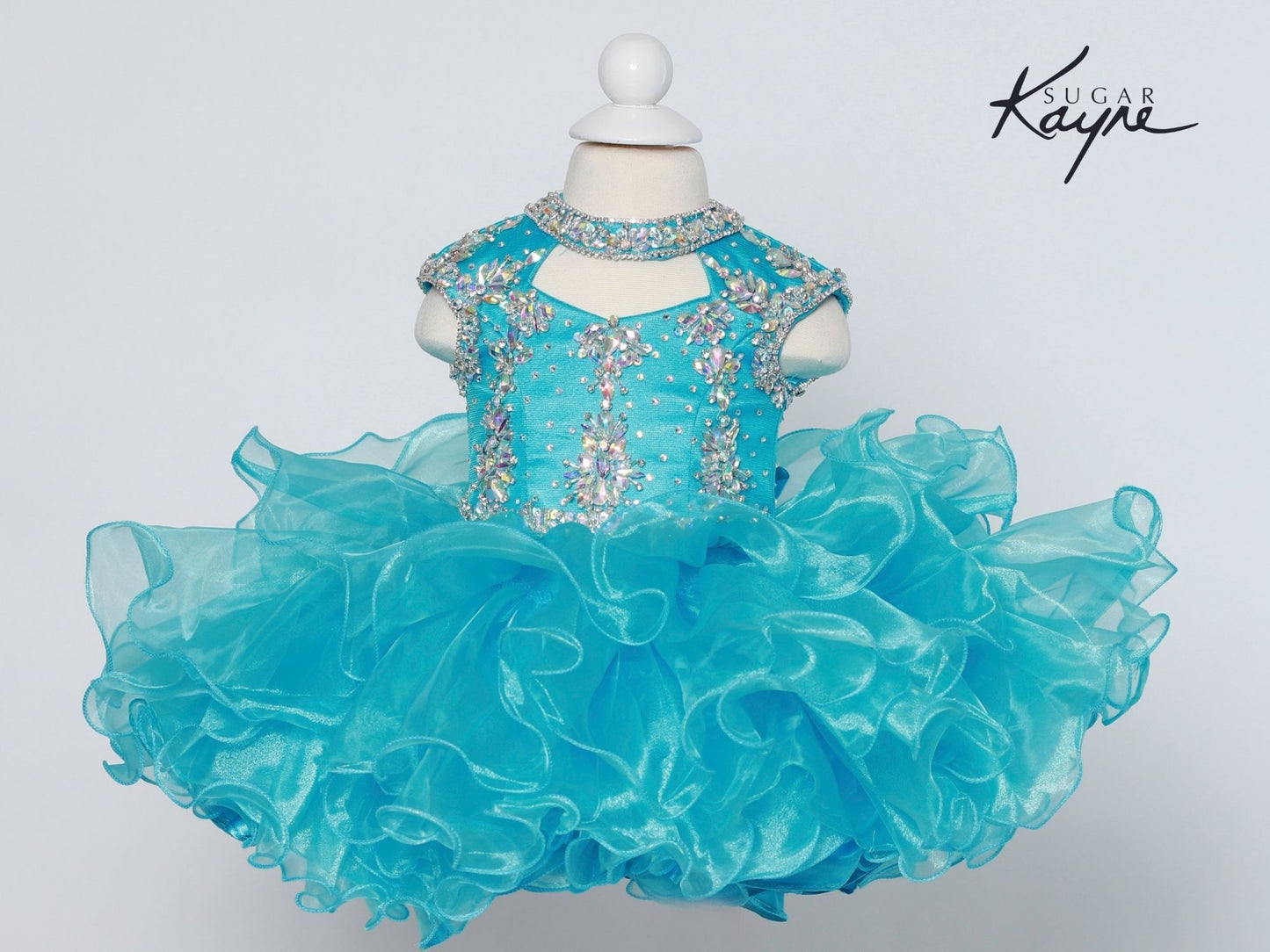 Sugar Kayne C207 Short Cupcake High Neckline Pageant Dress Girls Corset Ruffle Skirt Sizes: 0M, 6M, 12M, 18M, 24M, 2T, 3T, 4T, 5T, 6T Colors: Grape, Hot Coral, Electric Blue