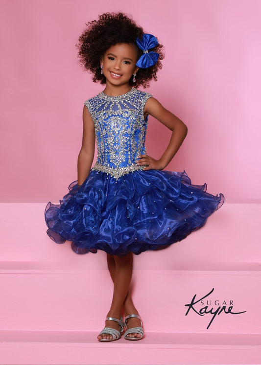 Sugar Kayne C210 Short Ruffle Girls Cupcake Pageant Dress Corset Toddler Baby Formal Gown Keyhole cutout back fully embellished rhinestone bodice with a high neckline. Available Sizes: 0M, 6M, 12M, 18M, 24M, 2T, 3T, 4T, 5T, 6T Available Colors: Red, Royal