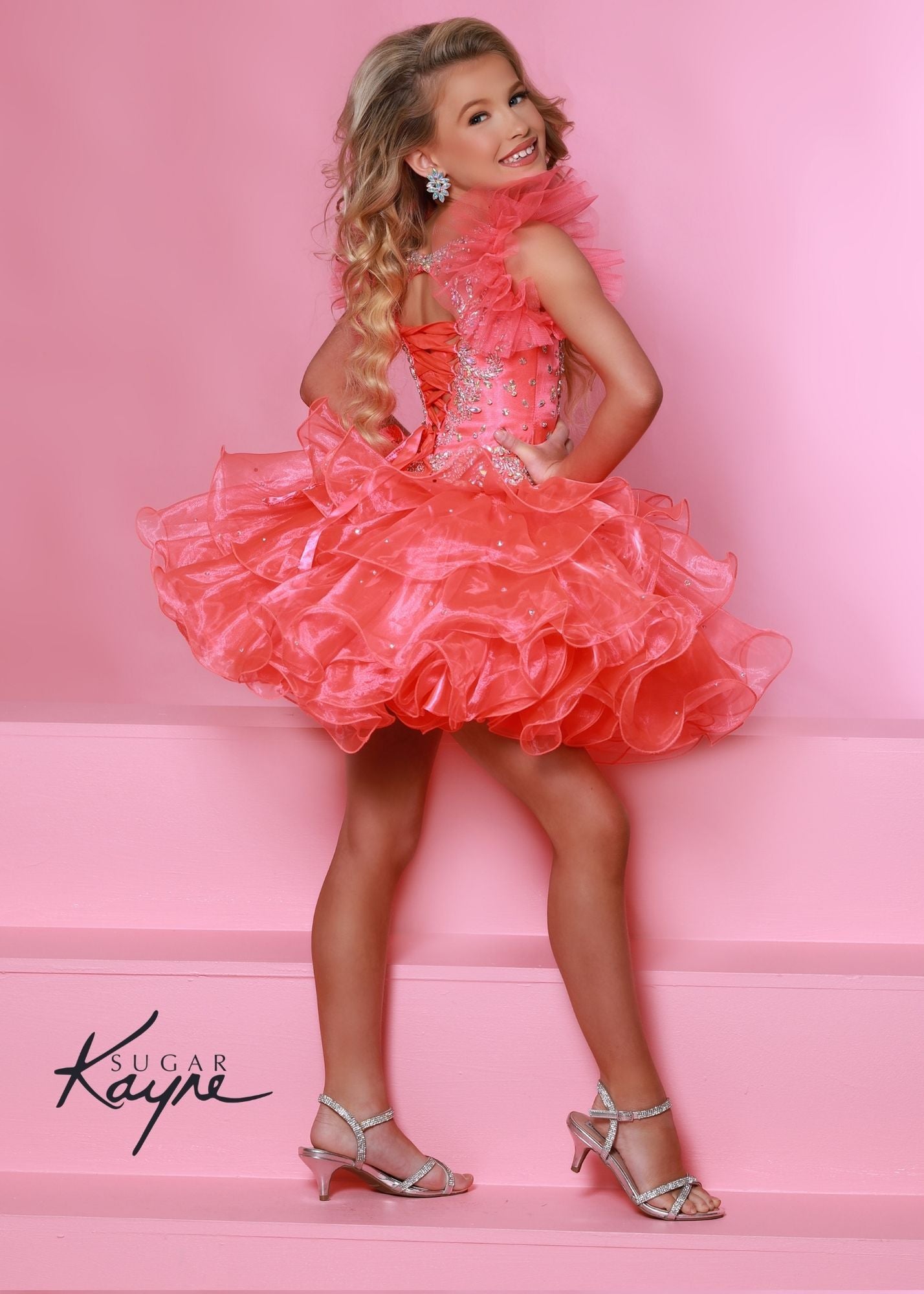 Sugar Kayne C211 Short Ruffle Cupcake Pageant Dress Crystal High Neck Girls Gown Sizes: 0M, 6M, 12M, 18M, 24M, 2T, 3T, 4T, 5T, 6T Colors: Hot Coral White