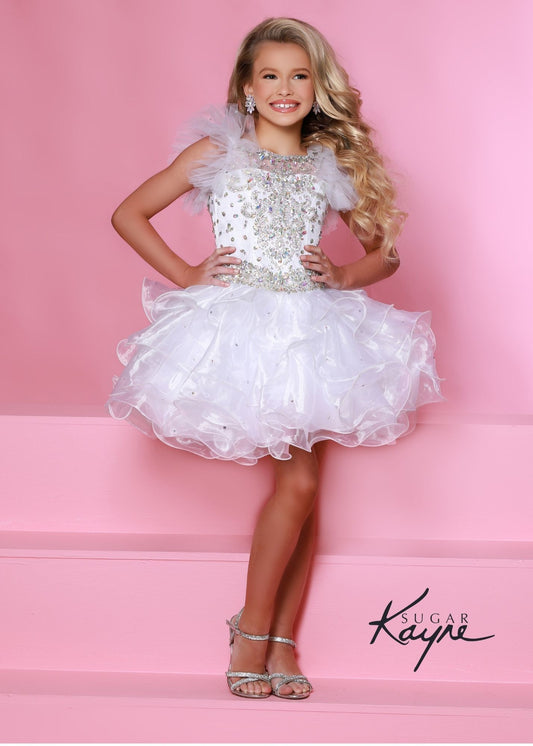 Sugar Kayne C211 Short Ruffle Cupcake Pageant Dress Crystal High Neck Girls Gown Sizes: 0M, 6M, 12M, 18M, 24M, 2T, 3T, 4T, 5T, 6T Colors: Hot Coral White