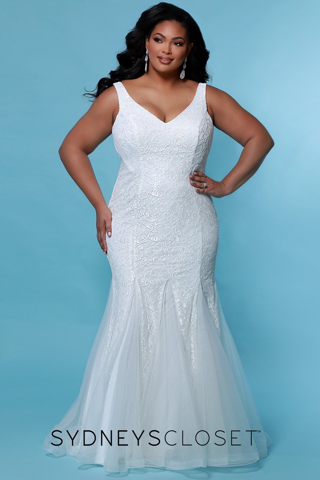 Sydney's Closet SC5258 Size 16 Ivory Wedding Dress Plus Sized Fitted Lace Mermaid Bridal Gown Sydney's Closet SC5258 Size 16 Ivory Wedding Dress Plus Sized Fitted Lace Mermaid Bridal Gown