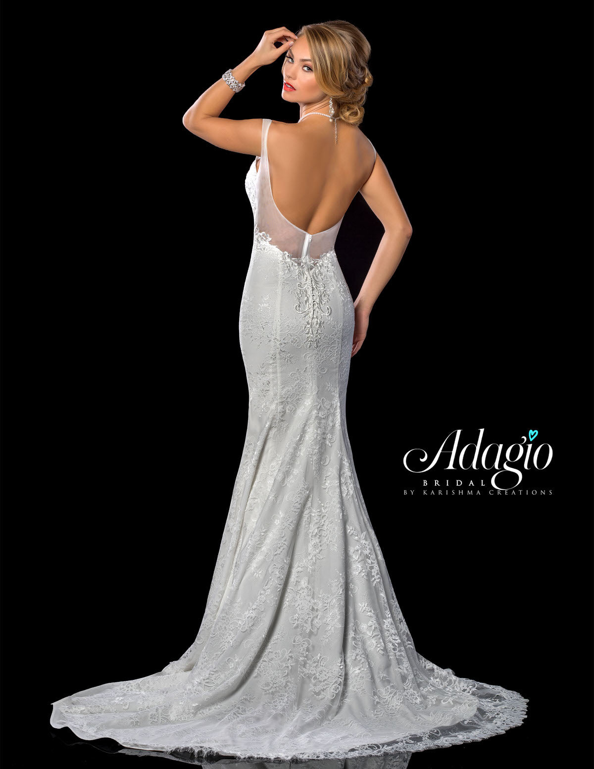 Adagio Bridal W 9302 Sheer straps over a sweetheart neckline that are semi off the shoulder and flow down and line the back of the dress. This Bridal Gown Features a Fitted Floral Lace Pattern with a lush trumpet skirt & train with a scallop edge lace hem. Size 10 Color Ivory