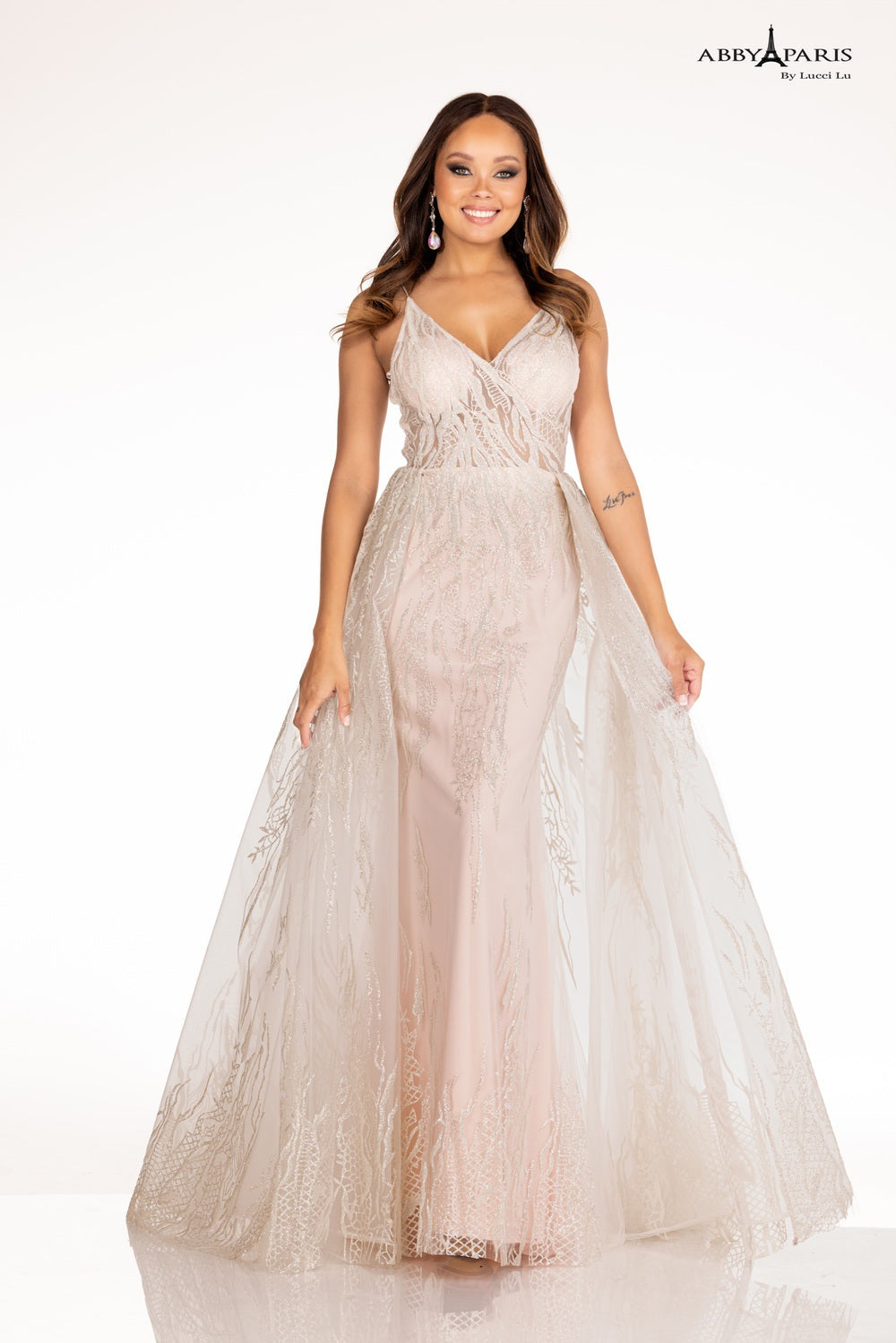 ivory nude prom dress Portia and Scarlett PS26074 Floral Lace Applique Long Formal Fitted Prom Dress