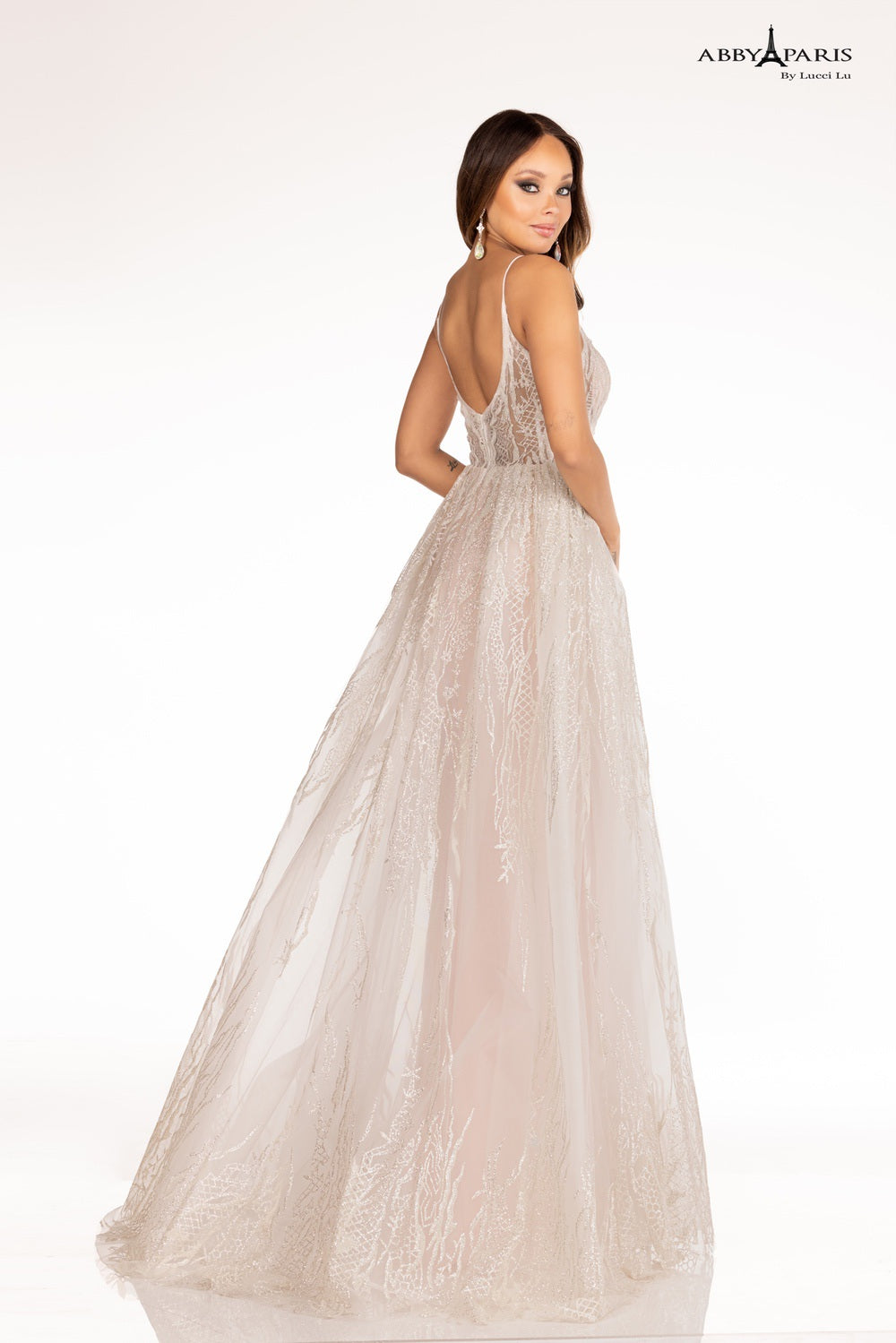 Lucci Lu 90091 Long Glitter Column Prom Dress overskirt sheer bodice Pageant Gown Available Sizes: 0-12 Available Colors: Ivory/Blush, Ivory/Light Blue, Ivory/Nude