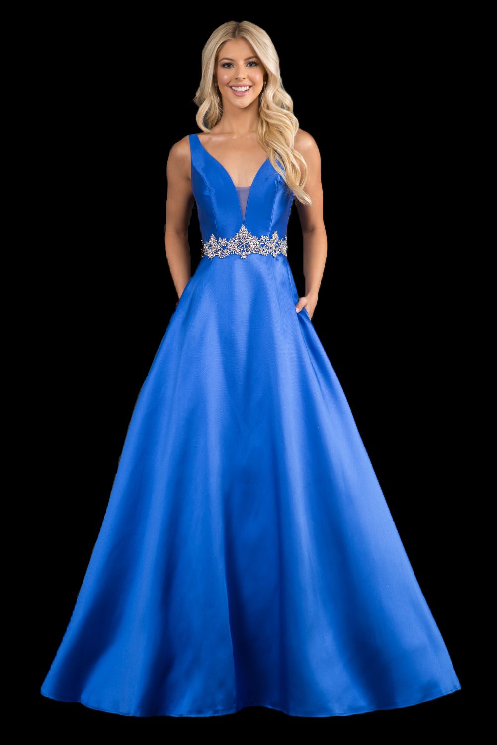 Nina Canacci 2297 plunging neckline A line prom dress formal evening gown with an embellished waistline. Perfect for a wedding dress in Ivory. Color: Ivory, Emerald, Royal Sizes: 8,10,12,14,16, 18, 20, 22, 24