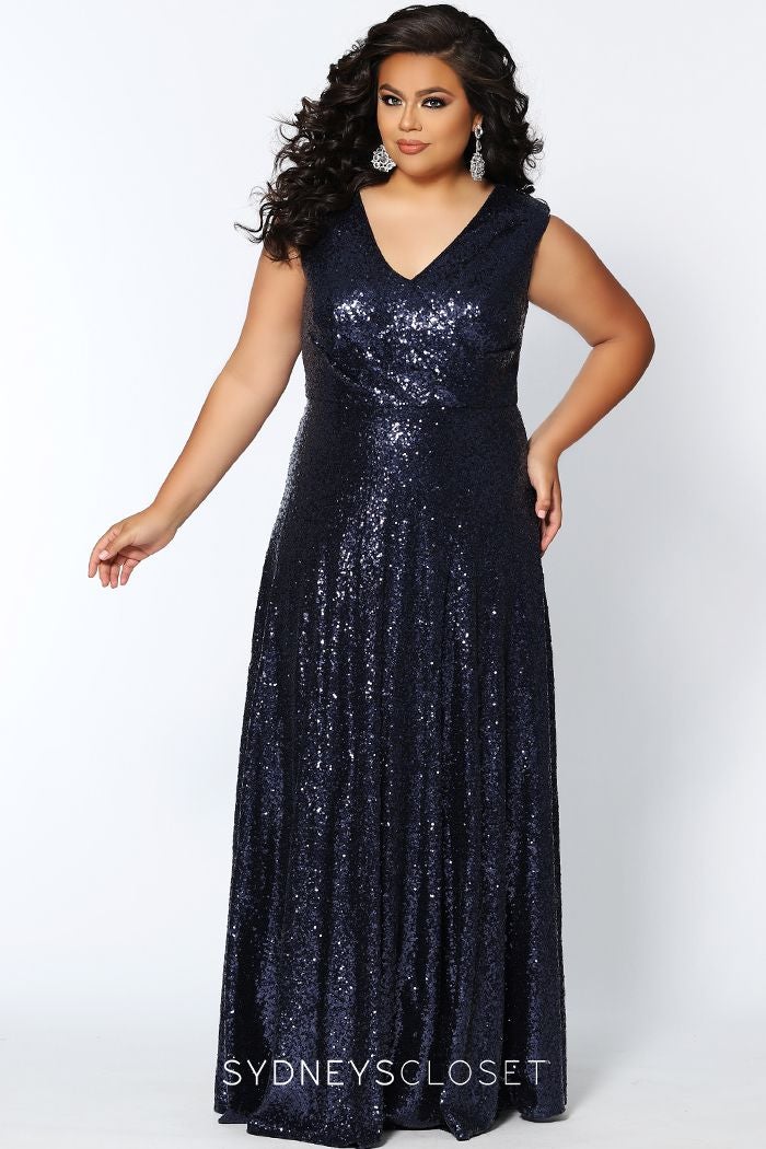 Sydney's Closet CE1801 - Long Sequin Plus Size Prom Dress. Look red-carpet ready in this glamorous plus size floor-length sequin evening gown. This contemporary sleeveless sequin gown design features bra-friendly straps and a sexy V-neckline. Soft knit lining stretches for an oh-so-comfy fit! Soft-draped bodice accentuates your curves. You’ll be photographed like a movie star at Prom, a Military Ball, or Gala. City Lights Celebrations CE 1801