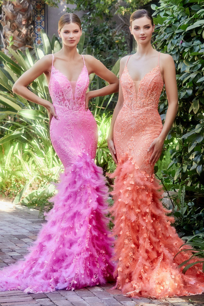 Andrea & Leo Couture A1116 Long Sheer Mermaid Feather Prom Dress Formal Gown 3D Lace 16 / Hot Pink