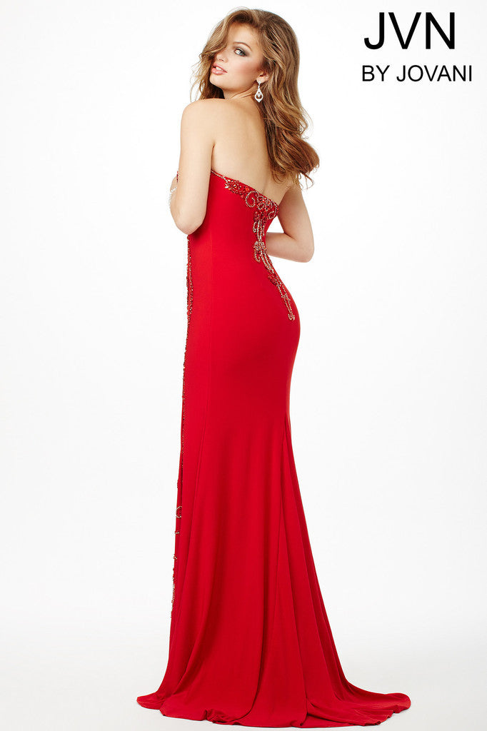 Jovani JVN33745 - 33745 Beautiful beaded jersey prom dress features sweetheart strapless neckline Make a hot impression with the siren call of the Jovani JVN33745 bold prom dress with open back. This succulent jersey sheath gown molds sensually to the figure, flowing effortlessly from the strapless sweetheart neckline to the full-length hemline.