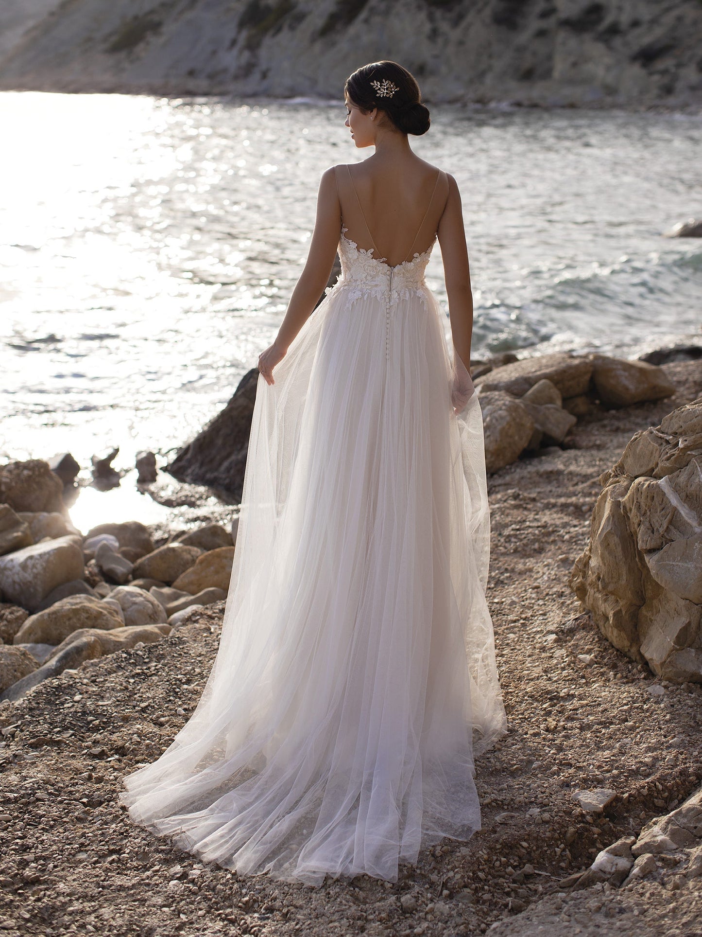 White One Bridal BETHANY Size 14 Long Sheer Glitter Wedding Dress Applique