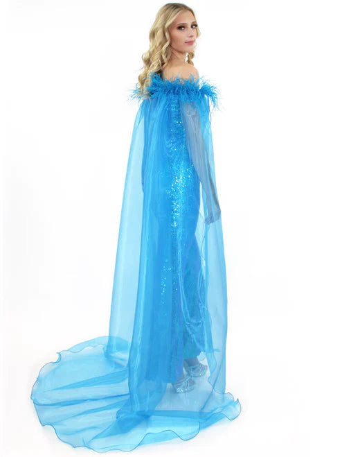 Marc Defang 8099 This is a long pageant formal wear jumpsuit that is made of sequins and has off the shoulder straps. The straps are attached to a cape with feathers at the shoulders. Wow the crowd at your next pageant. Available colors: Pink, Turquoise, White, Black, Royal Available sizes: 00, 0, 2, 4, 6, 8, 10, 12, 14, 16