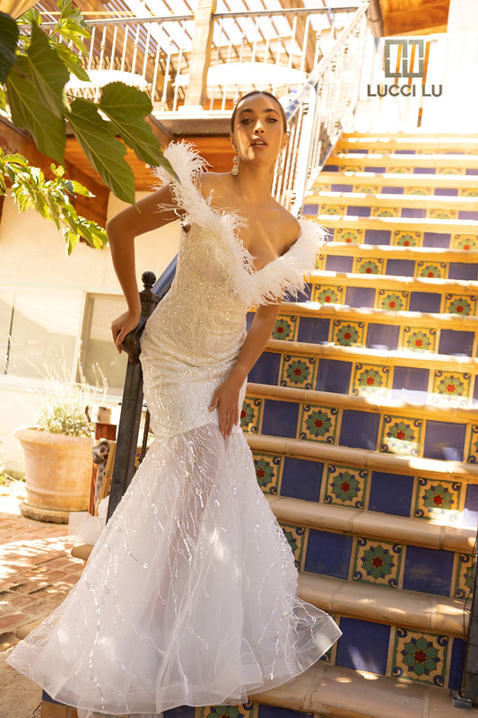 Lucci Lu C8051 Long Beaded sheer Shimmer off the shoulder Feather Mermaid Prom Dress Pageant Gown Wedding or Bridal Sizes: 4-20 Colors: White