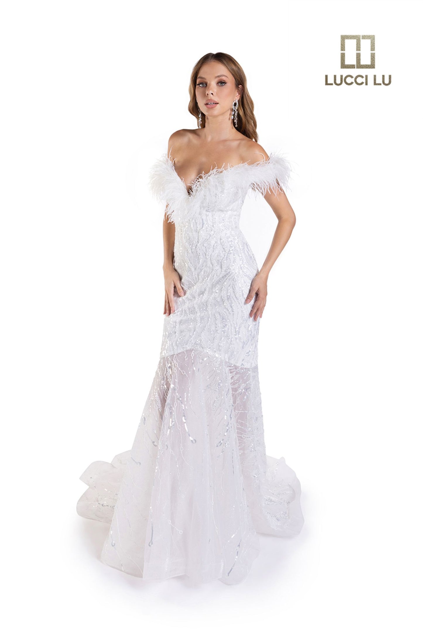Lucci Lu C8051 Long Beaded sheer Shimmer off the shoulder Feather Mermaid Prom Dress Pageant Gown Wedding or Bridal Sizes: 4-20 Colors: White