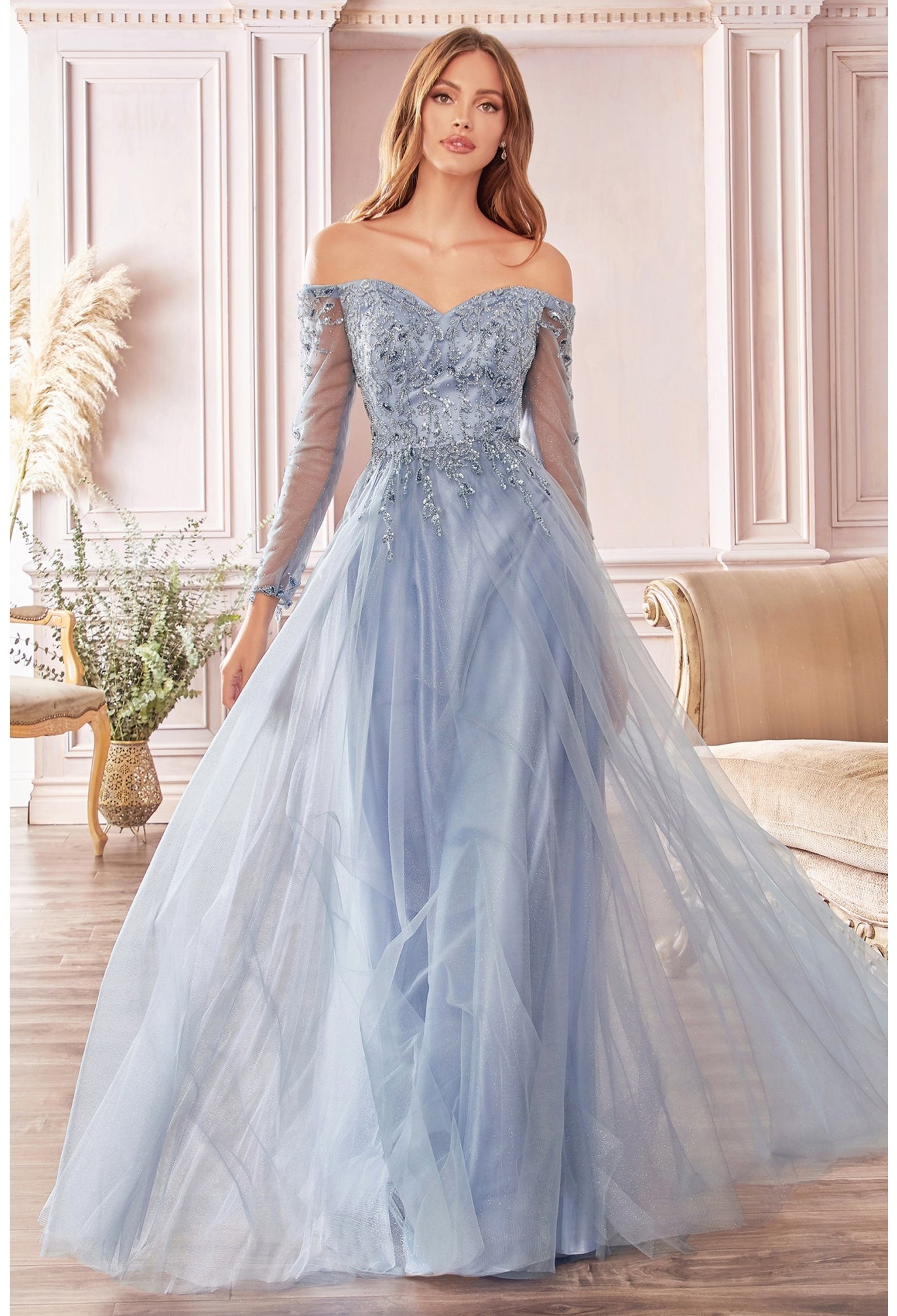 CD 0172 Size 12 Long Shimmer A Line Mother of Sheer Long Sleeve Dress Off the Shoulder