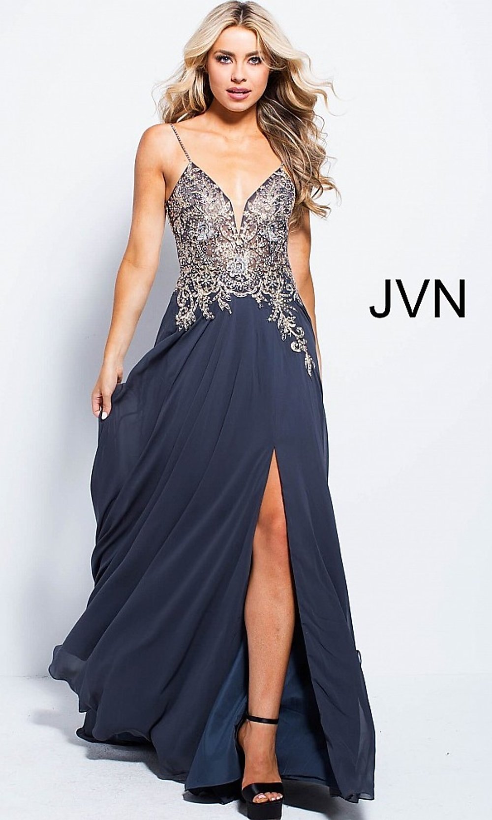 Jovani JVN 55885 Size Navy Chiffon Prom Dress Evening Gown Gold
