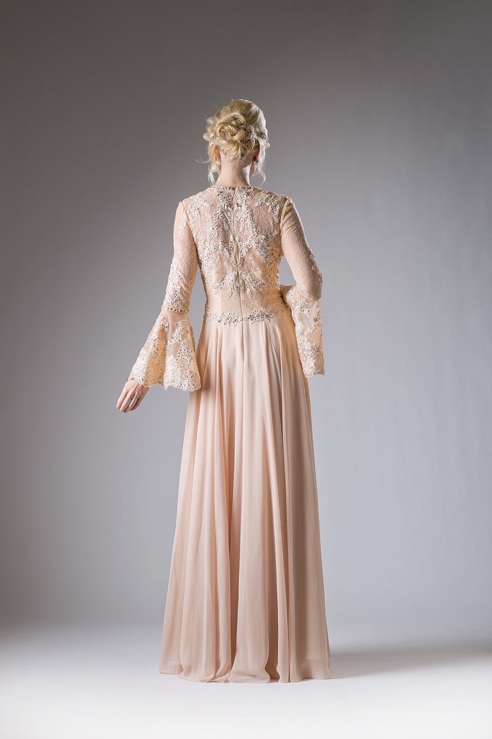 CD 774 Size 10 A Line Chiffon Sheer Lace Long Bell Sleeve Mother Of Dress Formal Gown