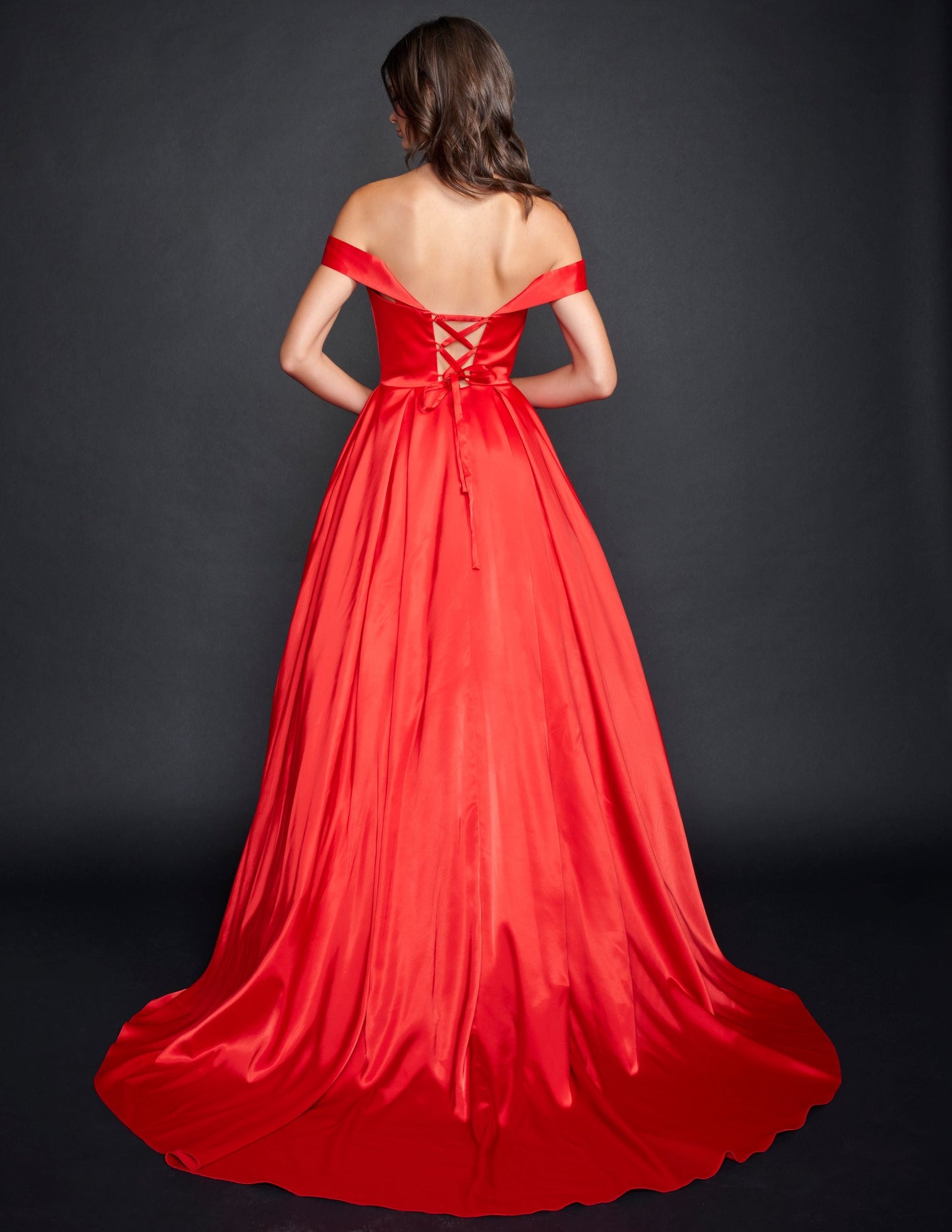 Nina Canacci 5214 Long Satin off the shoulder Ballgown Prom Dress Pageant Gown Pockets Available Size- 4-24 Available Color-Red, Emerald