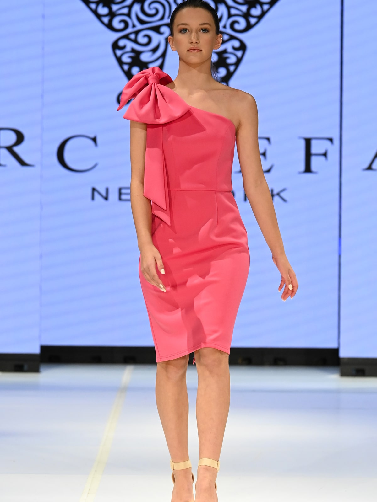 Marc Defang 8163 Size 4 Hot Pink Interview Cocktail Dress Knee Length short tea Length one shoulder with bow Marc Defang 8163 Size 4 Hot Pink Interview Cocktail Dress Knee Length short tea Length one shoulder with bow