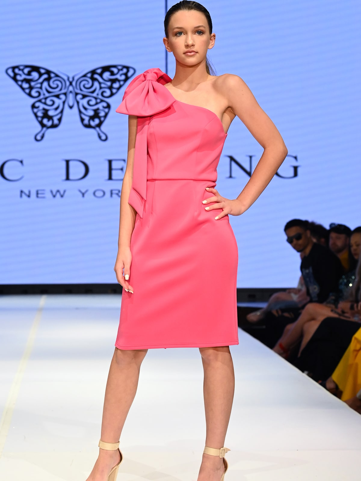 Marc Defang 8163 Hot Pink Pageant Interview Dress short tea length one shoulder cocktail dress. scuba material with bow on shoulder. Size: 4 Color: hot pink