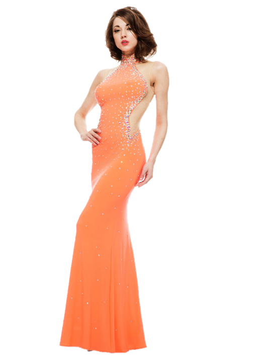 Fluted as a champagne glass, this flirty stretch jersey gown has curvaceous lines and nude mesh illusion sides. The choker neckline and body of the dress are embellished with A/B crystals. High neckline choker, sheer embellished sides. Neon Embellished sheer panel pageant gown  Fabric: Stretch Jersey, Mesh  Colors:  Coral  Size: 6