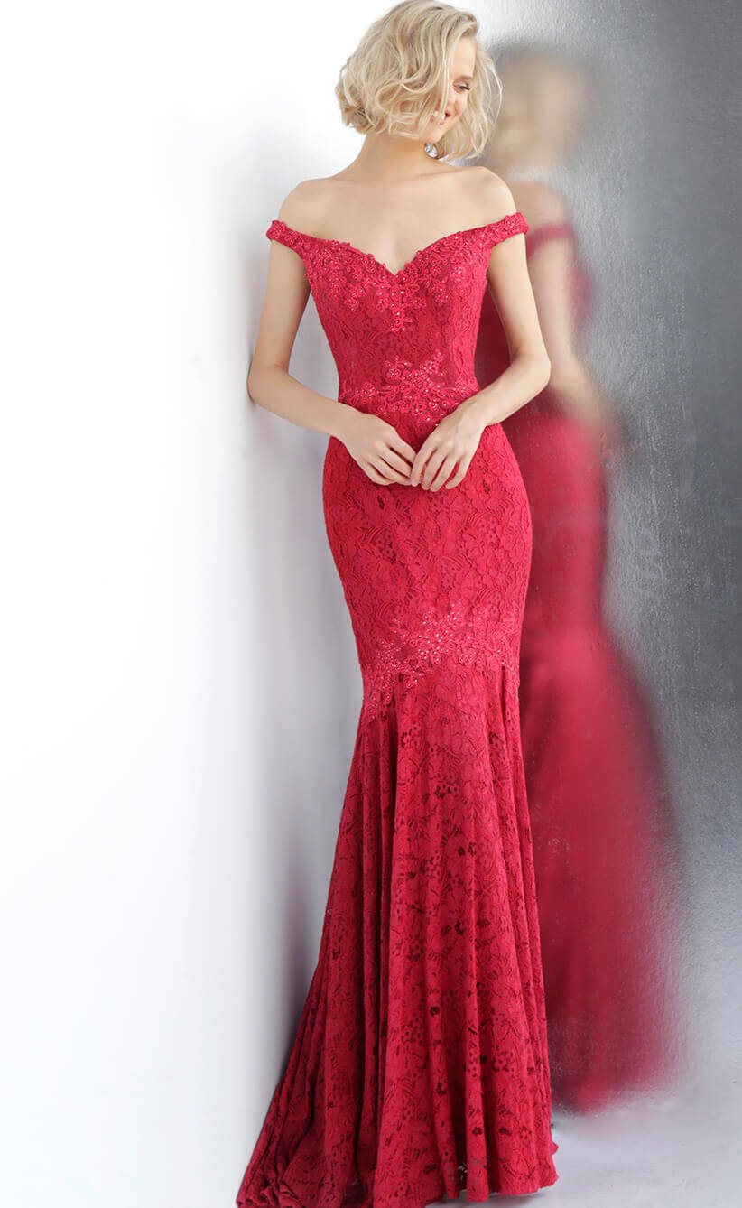 JVN62564 Red off the shoulder lace mermaid prom dress with small train trimmed with embellished applique trim