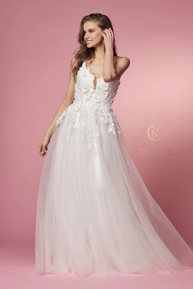 Nox Anabel R346 Size 4, 10 A Line 3D Floral Lace Wedding Dress V Neck –  Glass Slipper Formals