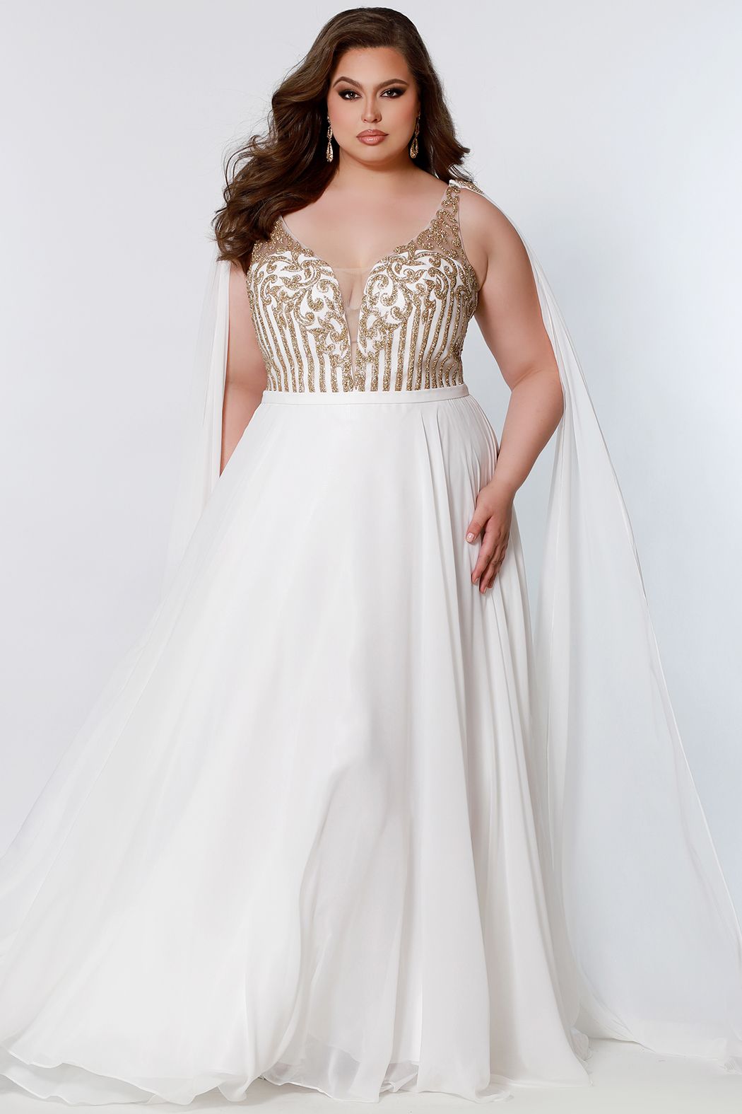 Sydney's Closet SC7331 Size 16 Ivory Gold Long Pageant Gown Cape Plus Size Prom Dress Sydney's Closet SC7331 Size 16 Ivory Gold Long Pageant Gown Cape Plus Size Prom Dress