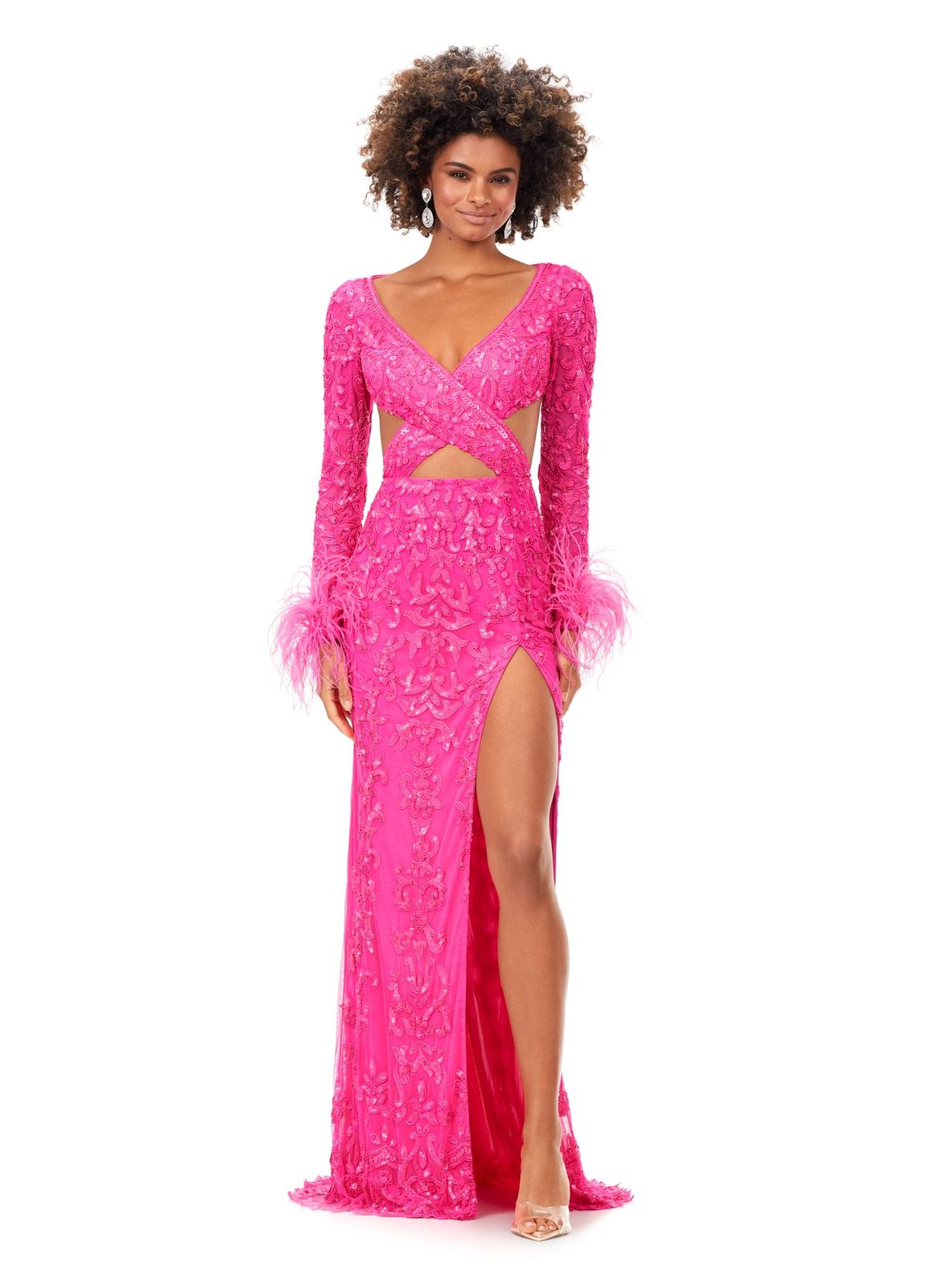 Ashley Lauren 11364 Long Prom Dress Criss Cross Bodice Beaded Gown Sleeves Feather Formal Pageant 2 / Hot Pink Ashley Lauren 11364 Long Prom Dress Criss Cross Bodice Beaded Gown Sleeves Feather Formal Pageant 2 / Hot Pink